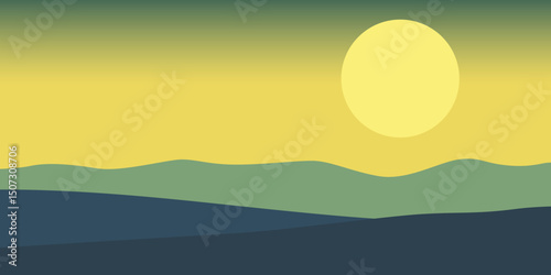 a stylized landscape with a setting or rising sun over undulating hills.