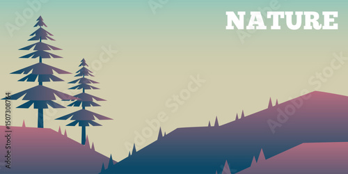a stylized natural landscape with silhouettes of fir trees and behind them - tiered mountains in shades of purple and pink.