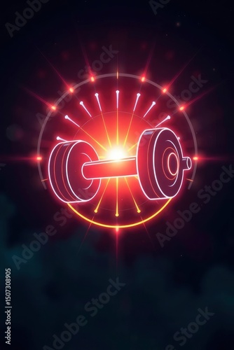 A luminous dumbbell icon with radiant lines centered on a dark atmospheric background