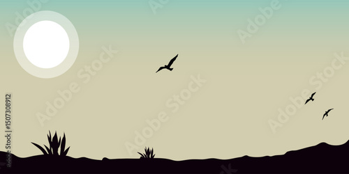 A minimalist landscape with silhouettes of grass and hills in the background, a white sun in the sky, and several flying birds. The scene has a calm and simple mood.