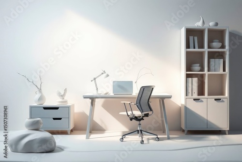 A minimalist white home office setting with a desk chair lamp and storage