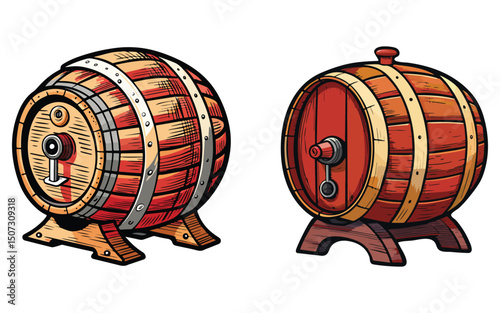 Vector art illustration of colorful beer barrels 