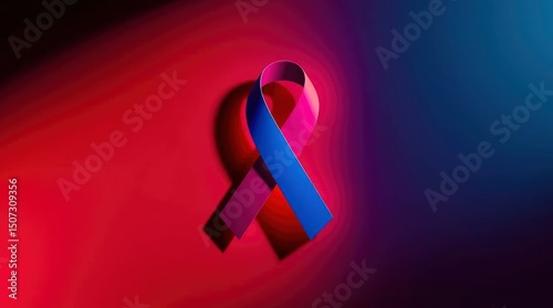 A ribbon half blue and half magenta floats on a gradient backdrop transitioning from red to blue
