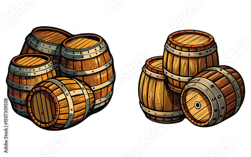 Vector art illustration of colorful beer barrels 