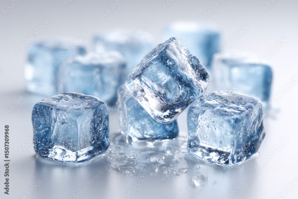 Obraz premium Macro shot of a pile of translucent blue ice cubes glistening with water droplets, creating a refreshing and cooling ambiance, perfect for beverage concepts.