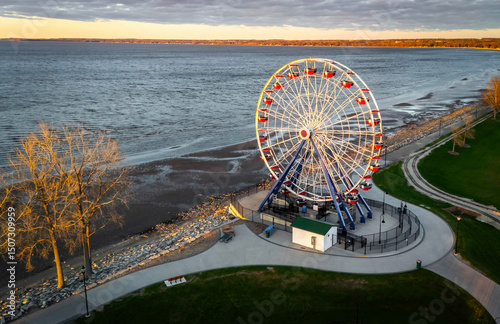 Aerial Sunset View of Ferris Wheel at Bay Beach Amusement Park