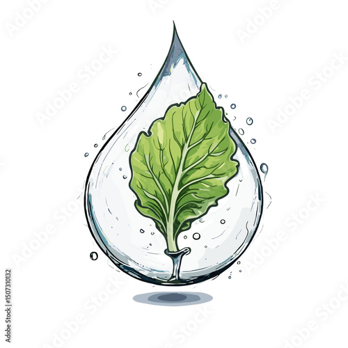 Stylized droplet containing a green leaf and water, symbolizing freshness and vitality