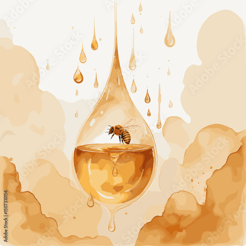 Beautiful illustration of a honey drop with a bee and cascading droplets in a watercolor style