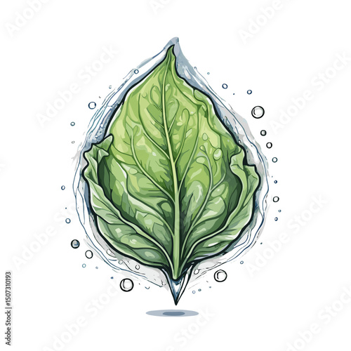 Detailed illustration of a fresh green leaf surrounded by water droplets