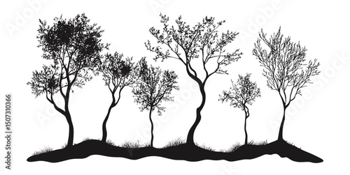Foggy Hills, Rowan Tree Silhouettes, Highland Mist Art, mystical tree vector, sparse forest scene, eerie landscape clipart, curved tree design, vector illustration, atmospheric nature background.