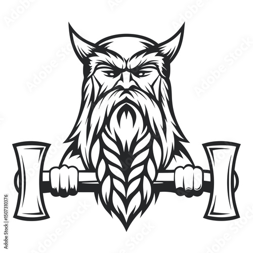 Stylized Viking Warrior with Axes, a Strong Graphic Illustration for Scandinavian Culture and Strength Concepts                                       
