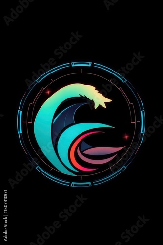 Graphic design showing wavy multicolored crest inside a circular frame with boxy details on a black background