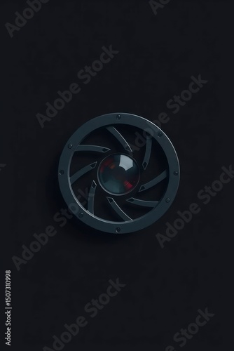 Gray iris mechanism with red gemlike core on dark textured background