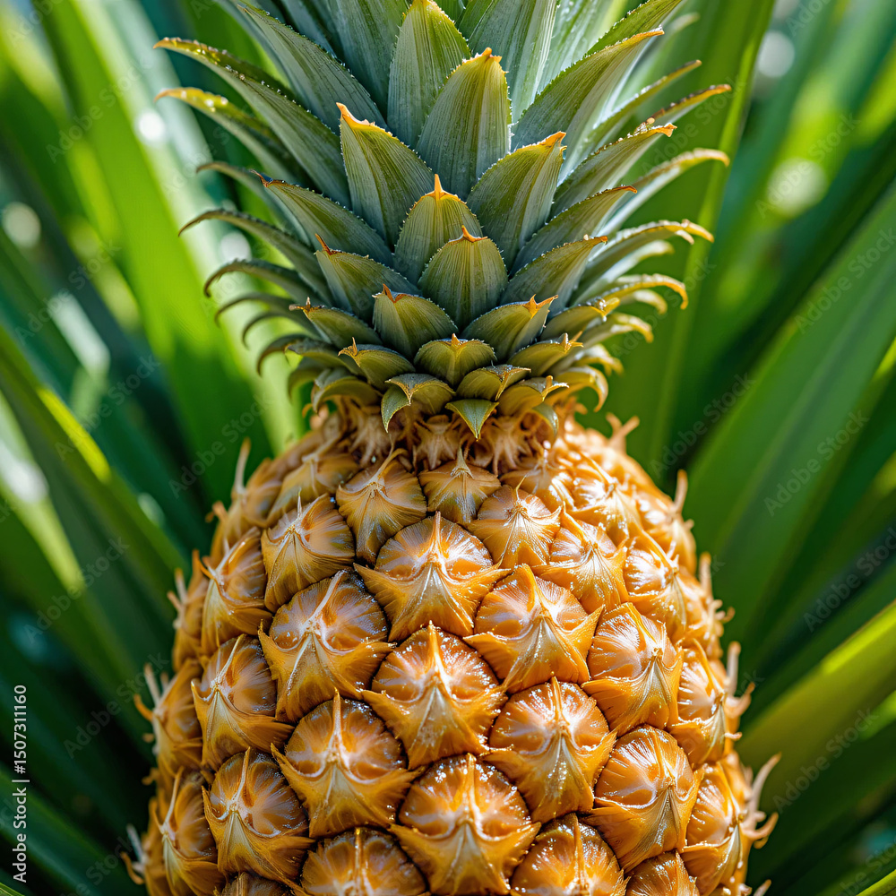 Fototapeta premium Close-up of Ripe Pineapple with Green Leaves in Natural Sunlight