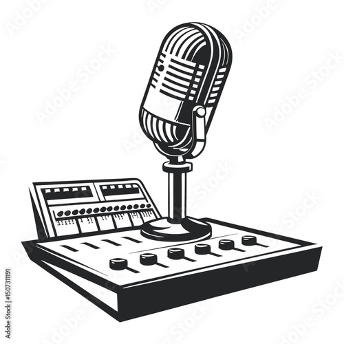 Vintage Microphone & Sound Mixer: Black and White Graphic Illustration for Music Production and Studio Recording Concepts                             