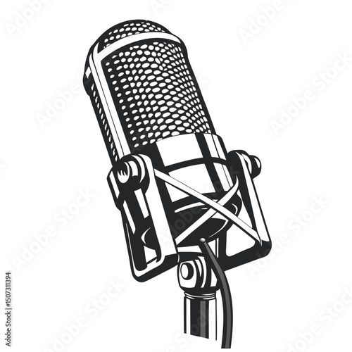 Retro Microphone, Black and White Vector Illustration: Iconic Audio Equipment Design for Creative Projects.                                           