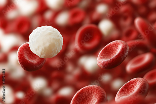 Close up of red and white blood cells, highlighting the texture and contrast between the two cell types in a dynamic, scientific visualization