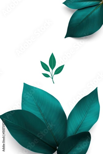 Teal leaves frame a small green sprig set against a white background