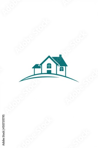 Teal house silhouette atop a curved line suggesting a small hill against a white backdrop