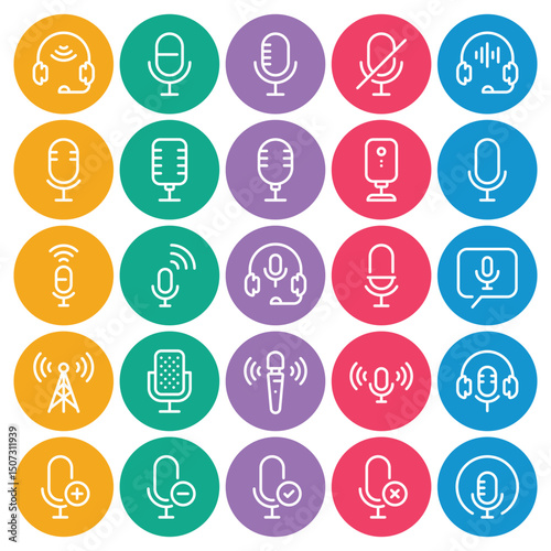 Circle color outline icons set for Podcast microphone