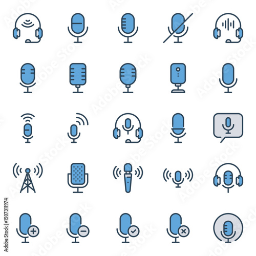Filled blue outline icons set for Podcast microphone