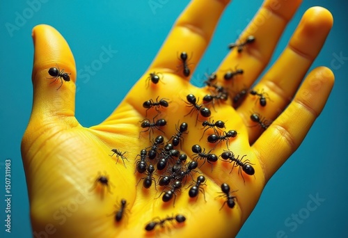 Numerous black ants crawling and scattering across a human hand