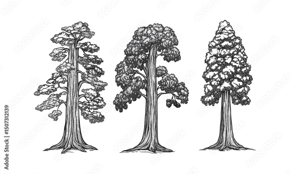 Fototapeta premium Sequoia tree silhouettes, forest grove woodland giants, hand-drawn canopy, tall trunk vector illustration, retro forest art, ancient nature scene, wilderness background.