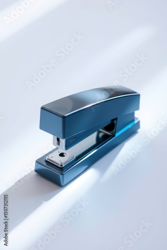 A blue stapler sits on a white surface with light streaks