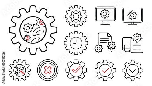 Outlined Gear and Settings Icon Set – Configuration, System, and Software Symbols