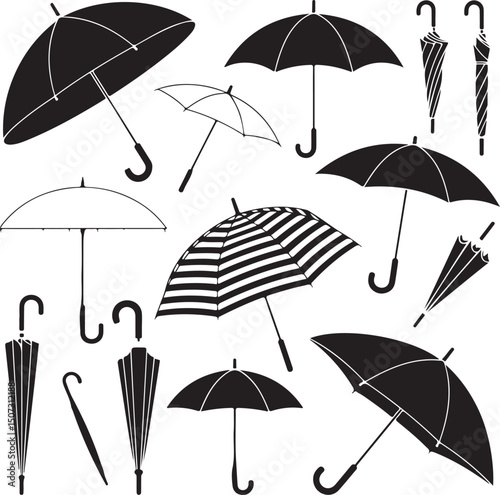 Umbrella in the Rain: A monochromatic artistic depiction of an umbrella shielding from a downpour, emphasizing protection and weather-related elements.