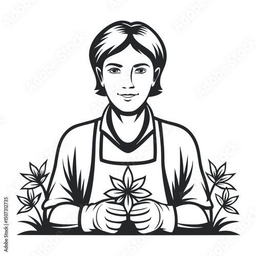 Smiling Gardener Holding Flower in Black and White Vector Illustration                                                                                