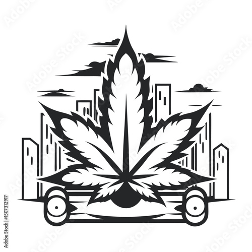Vector Marijuana Leaf Silhouette on Wheels in Urban Landscape, Black and White Illustration                                                           