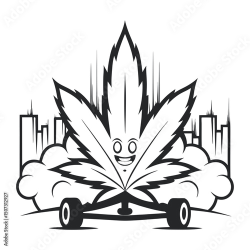 Cannabis Leaf Character on Skateboard with Cityscape in Black and White Illustration, Simple Design                                                   