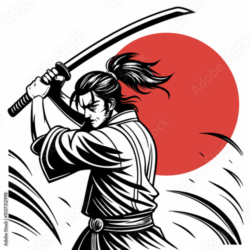 vector illustration of a warrior with sword, vector, illustration, sketch, drawing, woman, cartoon, people, sport, karate, boy, art, music, martial arts, musician, player