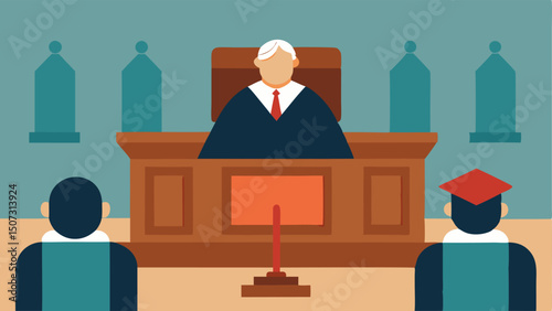 Courtroom Atmosphere A wide view of the courtroom filled with wooden benches a judges bench elevated in the background and the lawyer in focus delivering their argument.