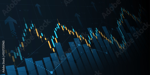 Technology financial graph with uptrend bar chart of stock market on blue color background