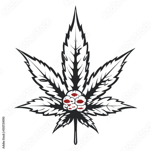 Stylized Cannabis Leaf with Red Accents, Graphic Vector Illustration on White Background                                                              