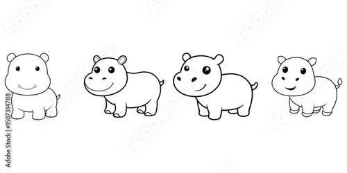 set of funny cartoon line art of hippo