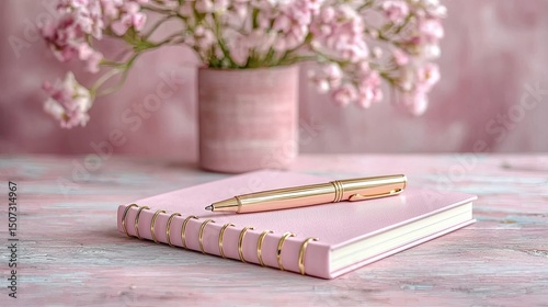 A pink notebook and pen resting near pretty flowers