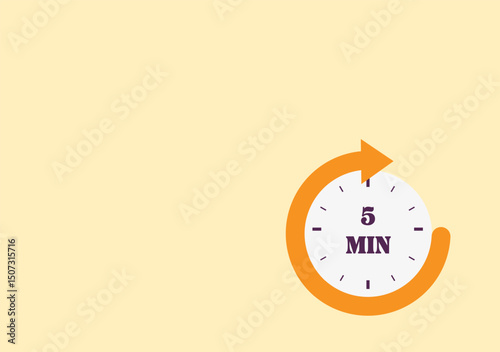 5 minutes on stopwatch . Countdown sign.Clock face timer.