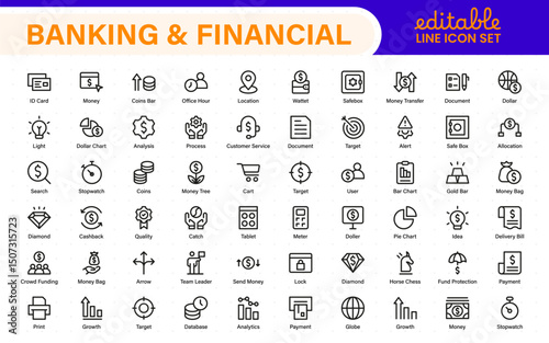 Banking and Financial Solutions Icons. A Professional Set for Financial Services, Banking Interfaces, Investment Tracking, Economic Planning, and Budgeting