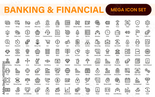 Banking and Financial Solutions Icons. A Professional Set for Financial Services, Banking Interfaces, Investment Tracking, Economic Planning, and Budgeting