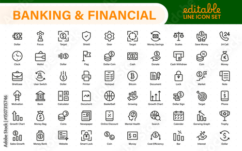 Banking and Financial Solutions Icons. A Professional Set for Financial Services, Banking Interfaces, Investment Tracking, Economic Planning, and Budgeting