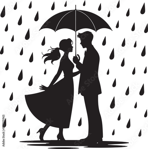 Umbrella in the Rain: A monochromatic artistic depiction of an umbrella shielding from a downpour, emphasizing protection and weather-related elements.