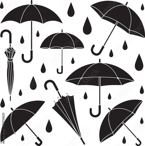 Umbrella in the Rain: A monochromatic artistic depiction of an umbrella shielding from a downpour, emphasizing protection and weather-related elements.