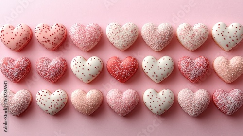 A collection of various heart shaped cookies arranged neatly on a pink surface