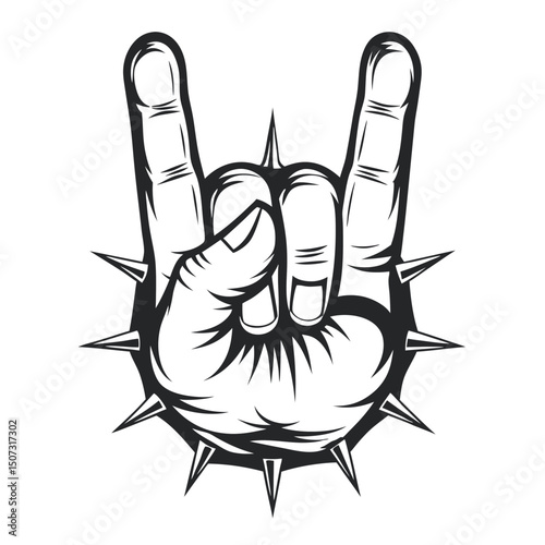 Monochrome Hand Gesture: Rock On Sign with Spikes, Bold Outline for Music Events and Edgy Graphic Designs. Vector Icon Element on White Background.   