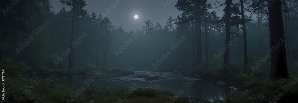 Fototapeta premium Mysterious Night Nature Scene with Moonlight, Mist, Stars, Forest Atmosphere, Cinematic Mood, Realistic Landscape Art