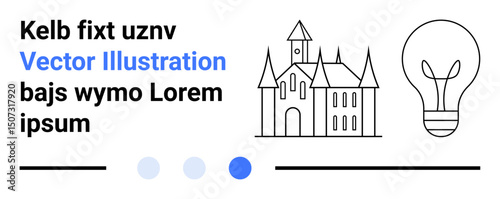 Black-and-white castle and light bulb design with lorem ipsum text. Blue accents enhance contrast. Ideal for creativity, architecture, education, inspiration, minimalism, design ideas, simple landing