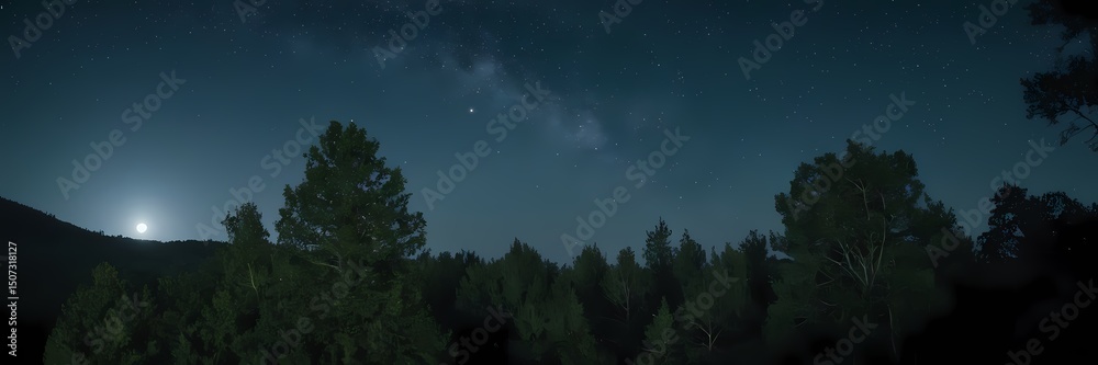 Fototapeta premium Mysterious Night Nature Scene with Moonlight, Mist, Stars, Forest Atmosphere, Cinematic Mood, Realistic Landscape Art